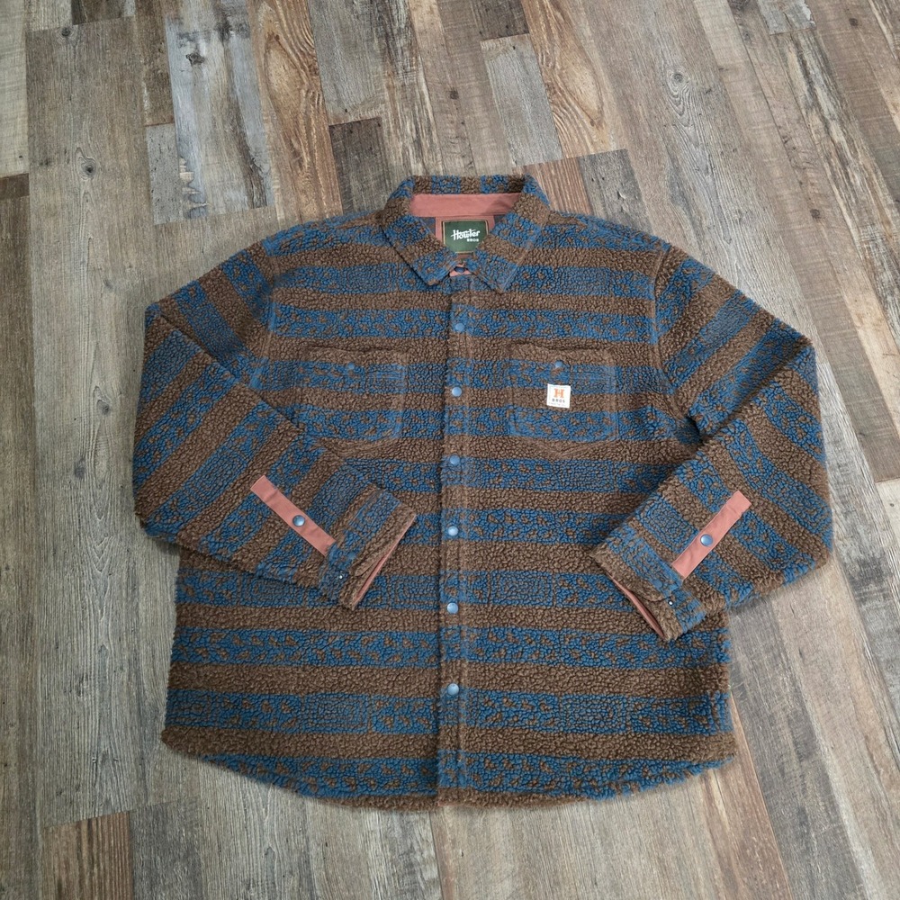 Howler Brothers Sherpa Fleece Shacket Men XXL Brown Blue Striped Aztec Outerwear